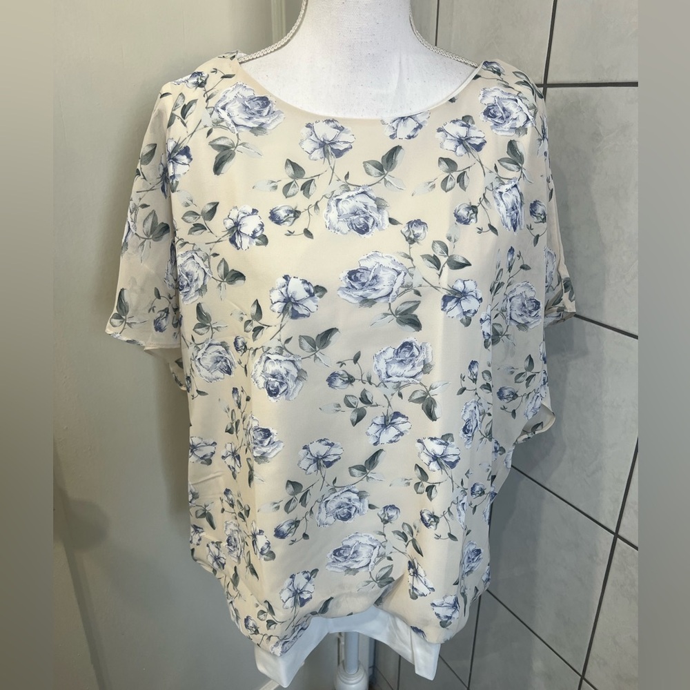 Floral Print Blouse - Cream and Blue
